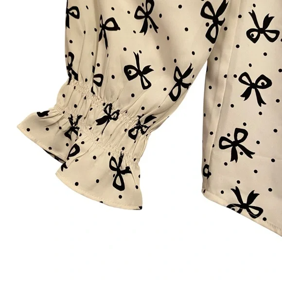 Talbots Cream Blouse with Black Bow Pattern - Picture 2 of 4